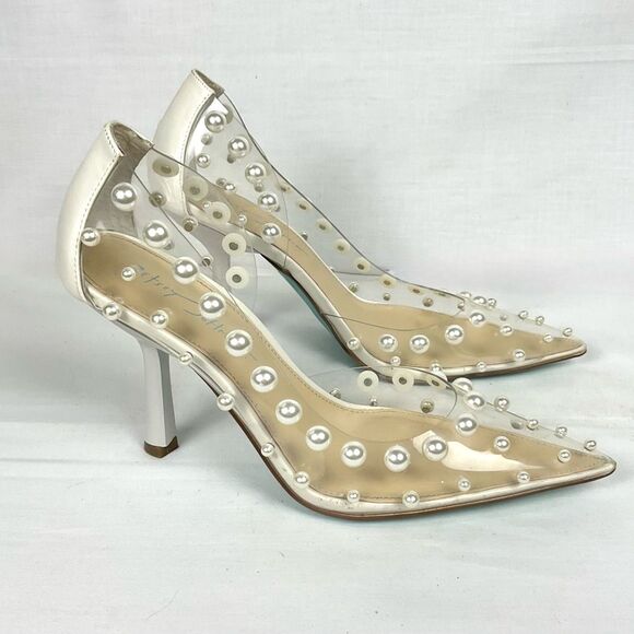 Betsey Johnson Halo Pump Clear Heels with Pearl Embellishments Sz 11 Party - Picture 4 of 13